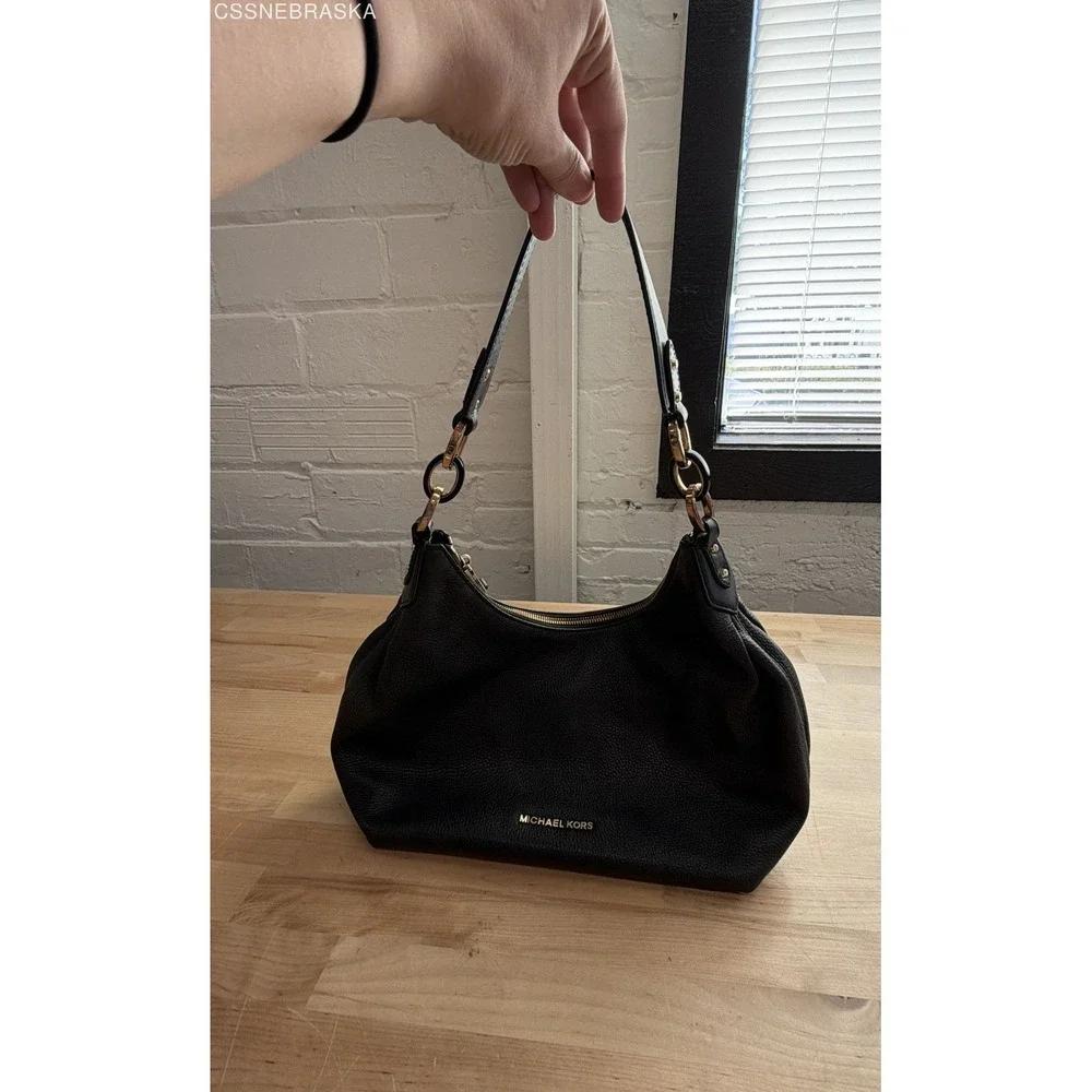 Michael Kors Black Pebbled Leather Hobo Shoulder Bag Gold Tone Ring Hardware